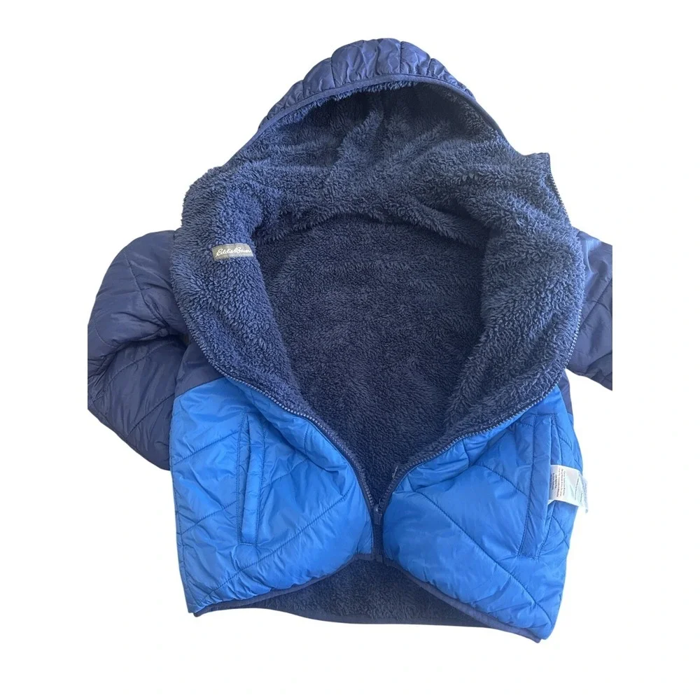 Eddie Bauer Reversible Hooded Puffer Fleece Jacket Youth Boys M (10/12) Blue EUC
